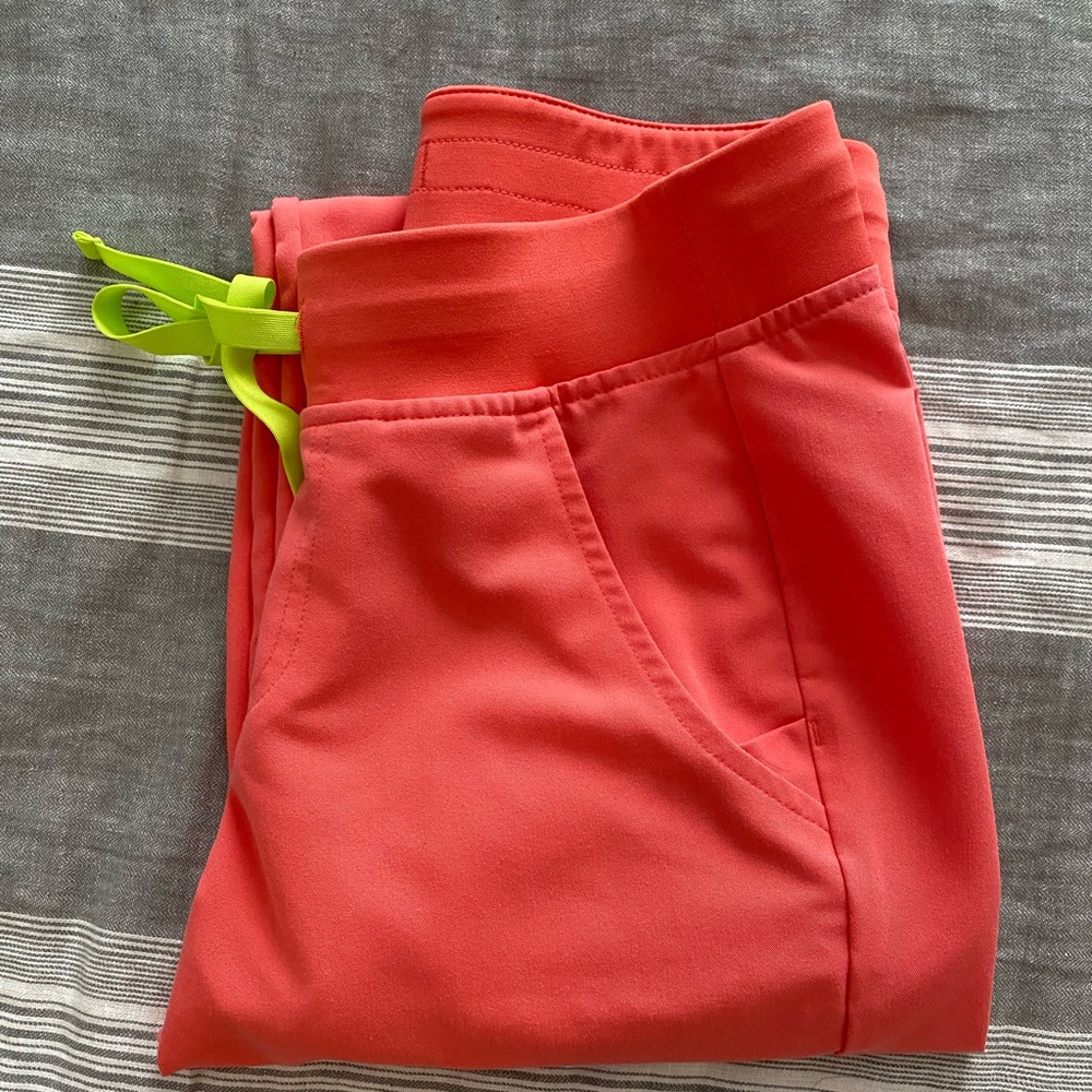 Figs Coral Scrub Pants with Neon Green Tie